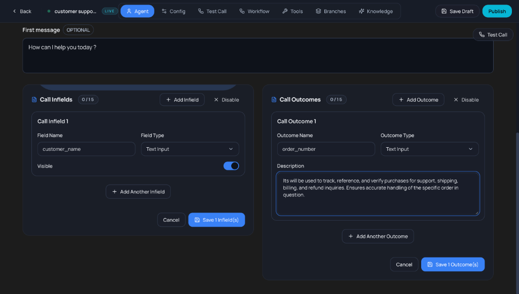 First Message, Call Infields, and Call Outcomes configuration.