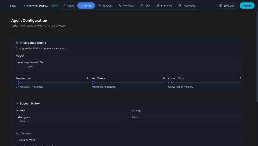 Config tab: Intelligence Engine (model, temperature, max tokens, context turns), Speech To Text (provider, language), Text To Speech (model).