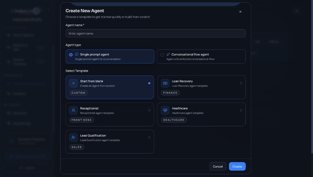 Create New Agent modal: agent name, Single prompt agent / Conversational flow agent, and template cards (Start from blank, Loan Recovery, Receptionist, Healthcare, Lead Qualification).
